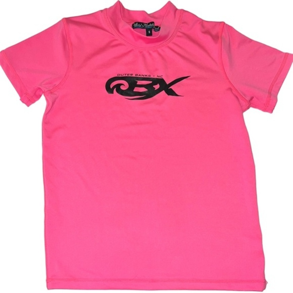 Surf Mentality Girl sz S neon pink Outer Banks, NC stretch rash guard surf shirt